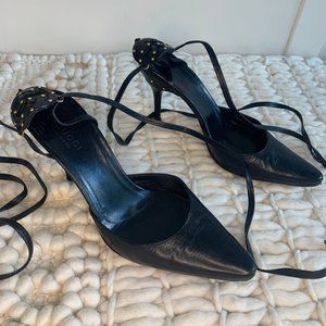 Gucci Heels Ankle Tie Strap Black Leather GG Sz 34